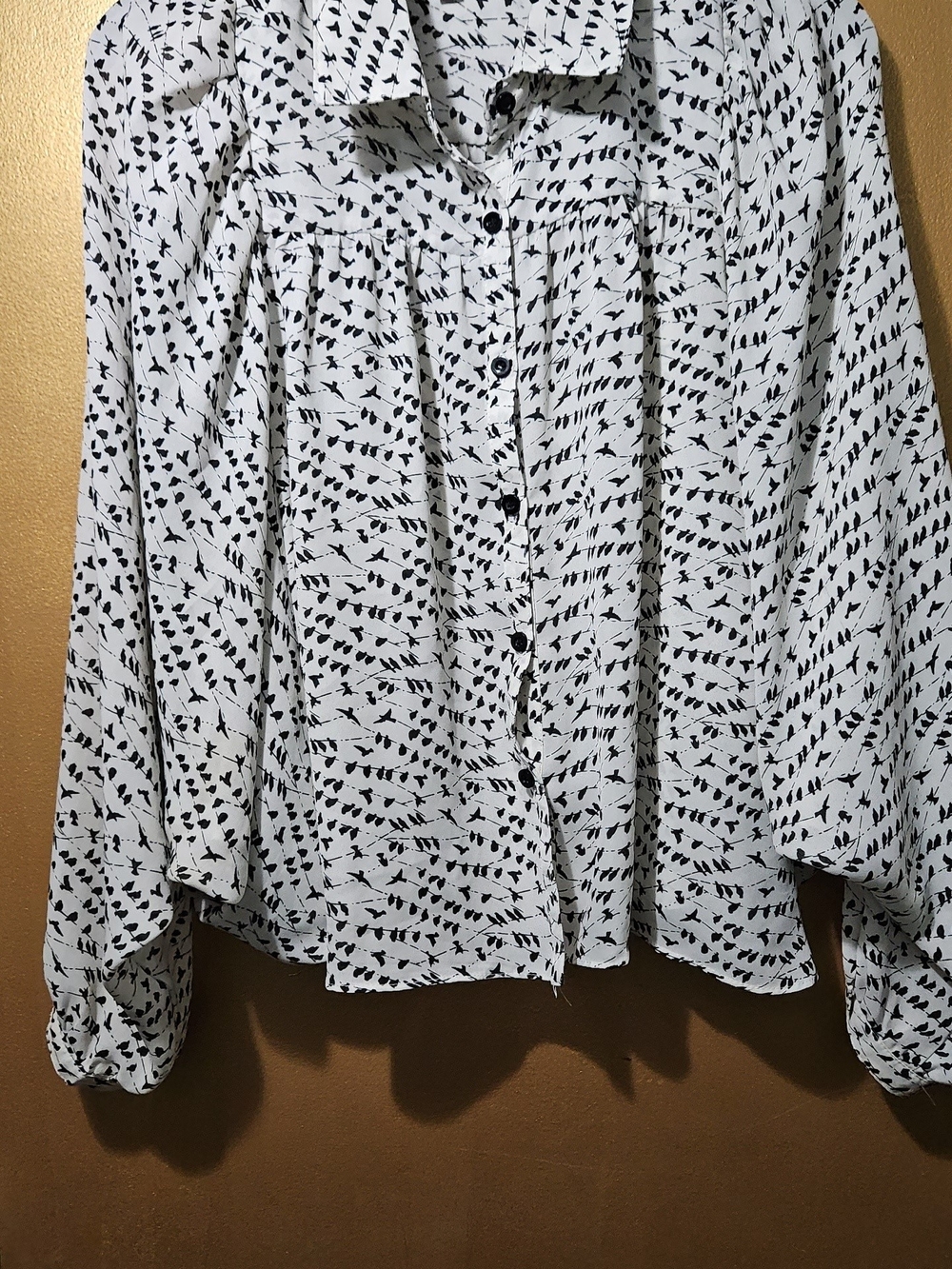 Lightweight White Button-Front Blouse with Black Print
